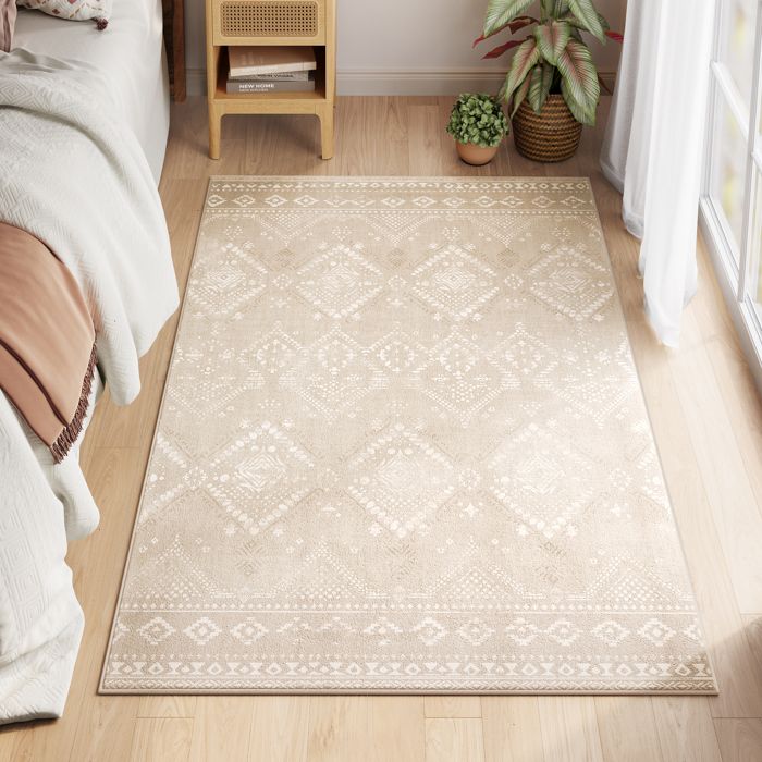 Tapisde salon 120 x 170 cm Antidérapant Lavable en Machine Style Bohème Beige Cappuccino