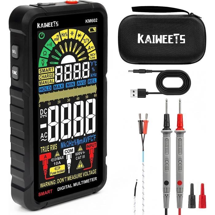 Multimètre Numérique Rechargeable BSIDE A10 - Grand écran Couleur LCD 6000 Counts - Automatique, Test NCV, Capacité - Pour Bricolage, électriciens