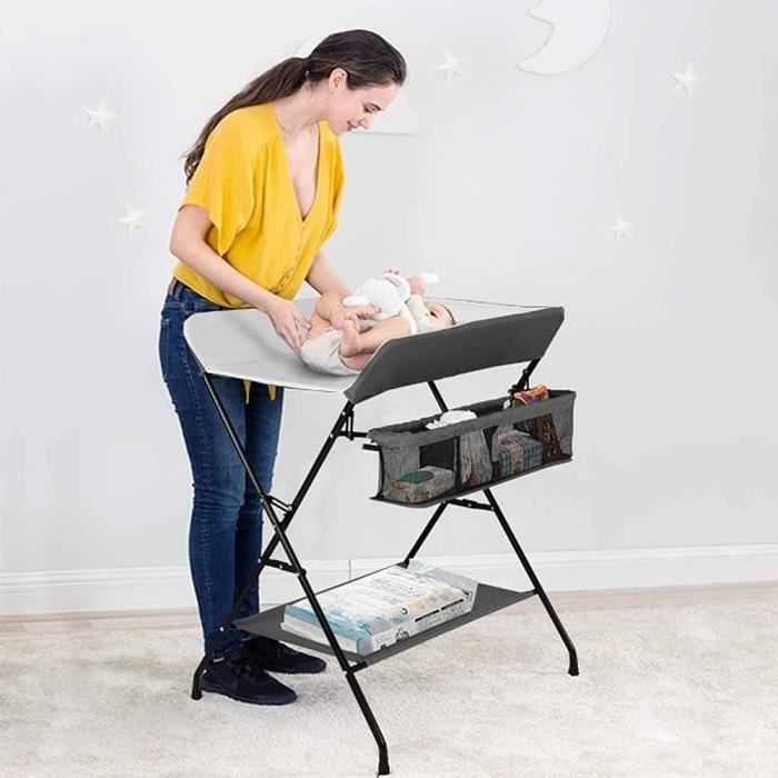 Table à Langer Pliante Avec Panier Rangement - 79x55.5x96cm - Blanc Cassé - Capacité 25kg