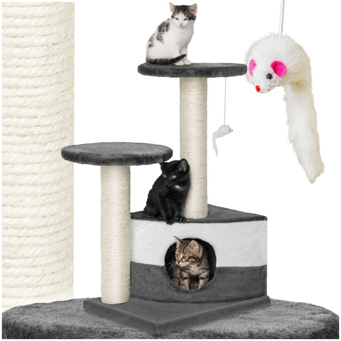 TECTAKE Arbre à chat 71 cm TOMMY Griffoir 1 Cabane + 1 Souris Gris