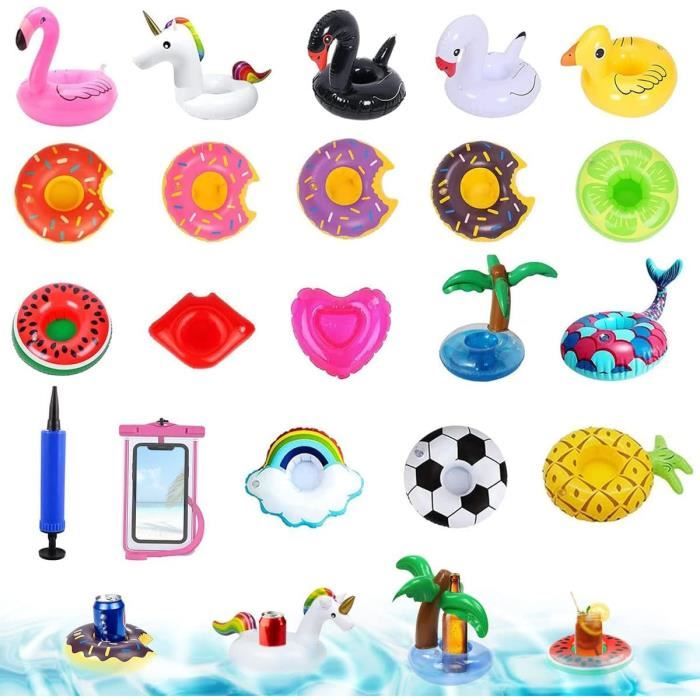 Lot De 2 Porte-gobelets Gonflables Pour Piscine - Formes Flamant Rose Et Cocotier - PVC Durable - Flotteurs Pour Canettes, Verres, Bouteilles - Accessoire Fête Aquatique