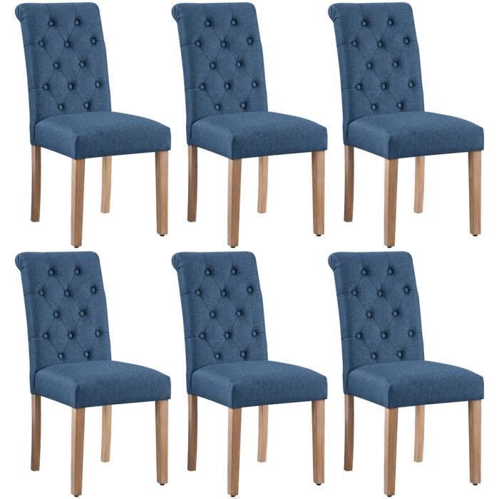 Lot de 6 Chaises de Salle à Manger Haut Dossier Assise Rembourrées-Pieds en Bois Chêne confortable-Bleu YAHEETECH