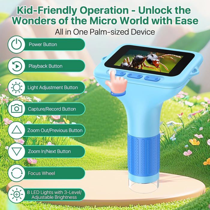 Microscope Portable Pour Enfants – Écran IPS 2 Pouces – 200x, 8 LED Réglables – Câble USB Inclus – Dès 3 Ans