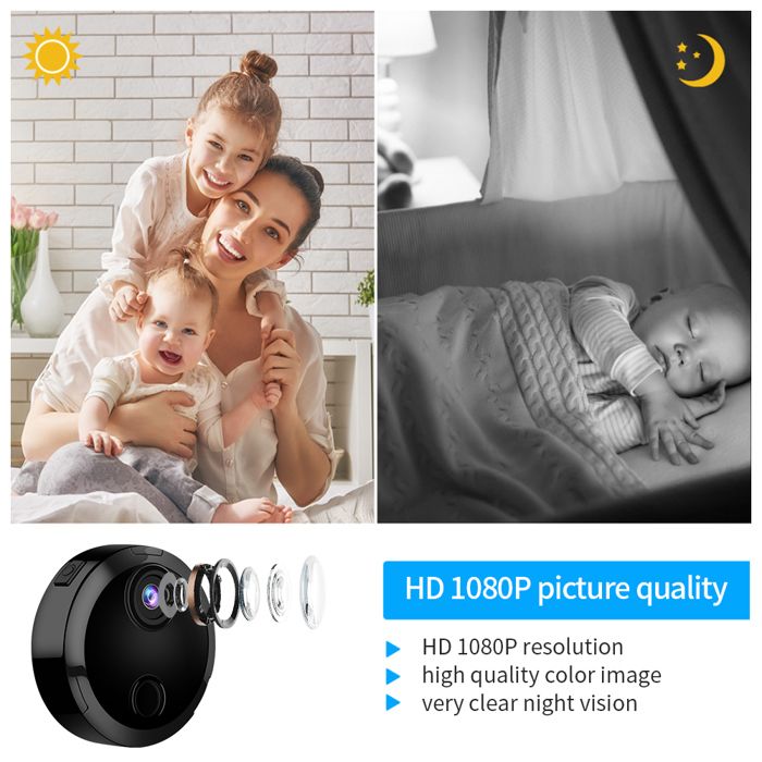 Mini Caméra WiFi 1080P Nocturne Rechargeable 360° - Caméra Surveillance Intérieure