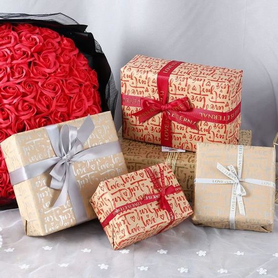 6pcs Papier Cadeau Kraft,Feuilles Papier D'Emballage Métallisé Coeur  D'Amour Avec Étiquettes et Ruban
