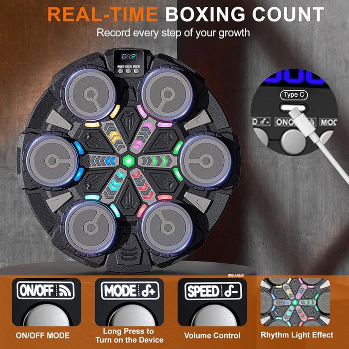BUBA Machine De Boxe Musicale Bluetooth - Murale Avec Lumières LED, 12 Vitesses Et Modes, Compteur De Coups, Mousse Anti-Choc - Pour Enfants Et Adultes