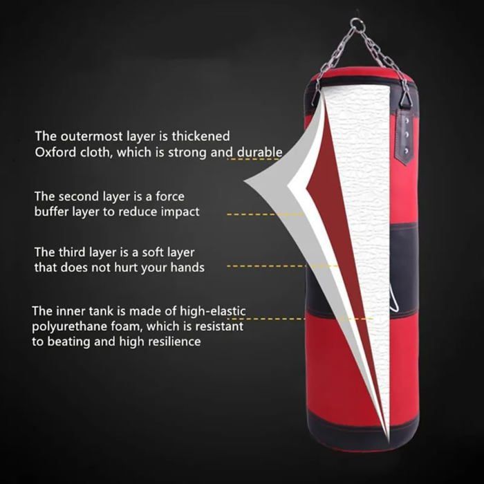 Sac De Frappe Complet 15 Pièces – Cuir PU, Chaîne Renforcée, Rotation 360°, Avec Gants, Bandages, Corde à Sauter – à Remplir Soi-même