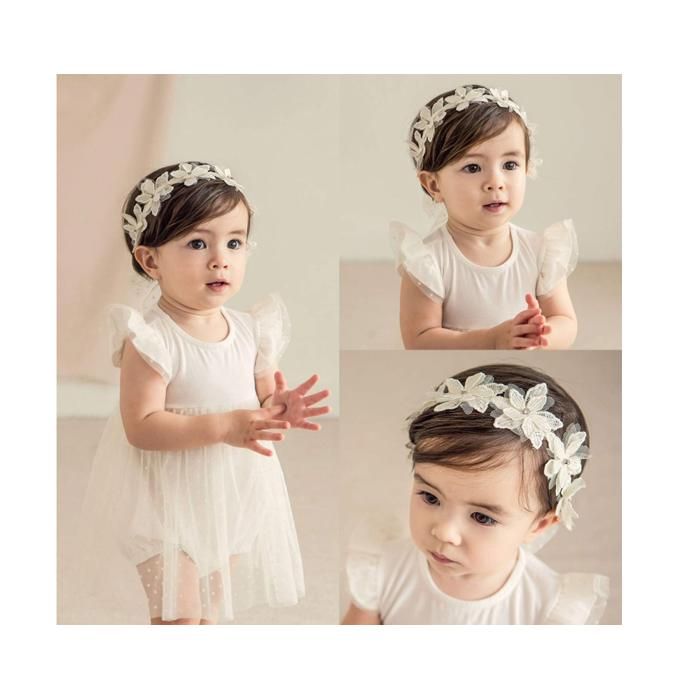 Lot De 4 Bandeaux Bébé Fille - Blanc - Coton/Polyester - Pour Fête/Mariage/Photos