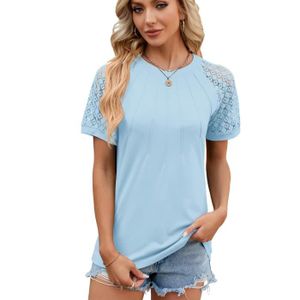 T-SHIRT T-Shirt Femme Dentelle Manches Courtes Casual Tee Shirt Lache Ete Col Rond Couleur Unie Confortable - Taille EU - Bleu Clair
