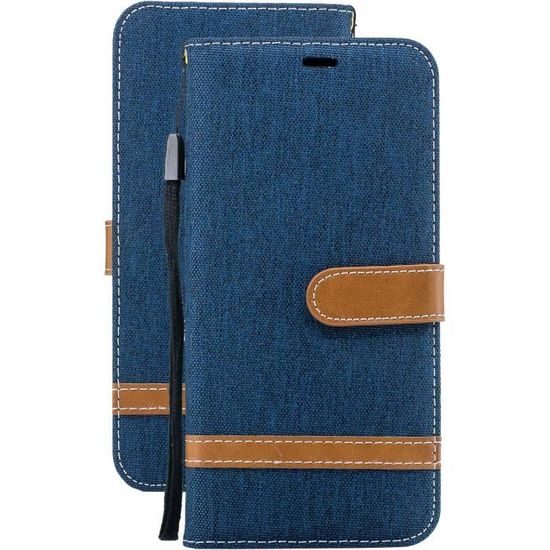 Housse étui Portefeuille Pour Huawei P30 Lite - Cuir PU + Jean, Aimant, Slots Cartes, Fonction Stand - Bleu Profond - 5