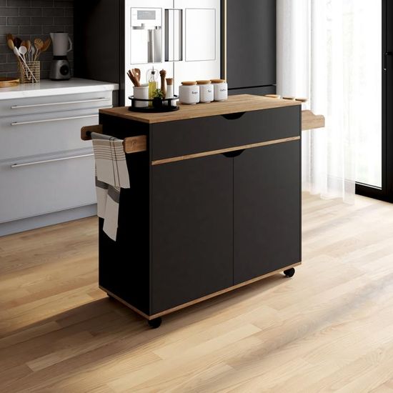 Desserte Roulante Cuisine COSY IDMarket - Noir Et Hêtre, 1 Tiroir Et 1 Placard, 60cm