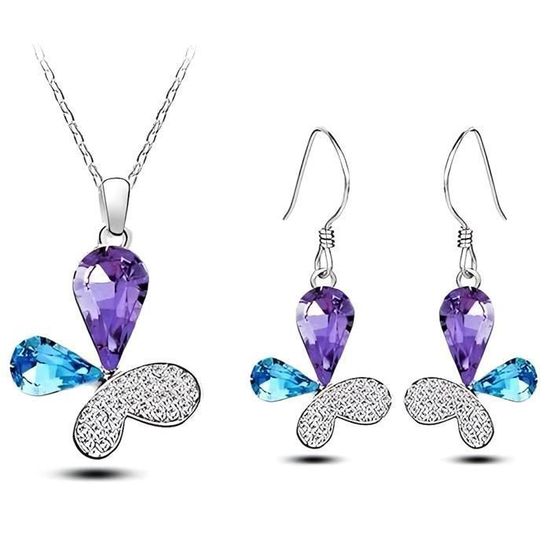 Parure Bijoux Papillon Cristal Swarovski* Turquoise et Violet Plaqué Or Blanc 750 Parure Bijoux Papillon Cristal Swarovski* Turquoise et Violet Plaqué Or Blanc 750