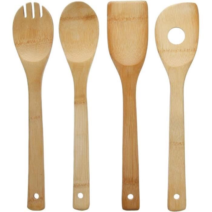Louches en Bambou. Ensemble de 4 ustensiles de cuisine avec support