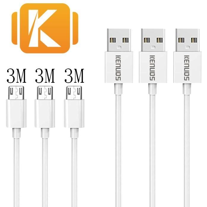 Lot de 3 - 3m/300cm/10ft - CABLE MICRO USB POUR SAMSUNG HUAWEI XIAOMI WIKO ASUS HTC LG - KENUOS PRO