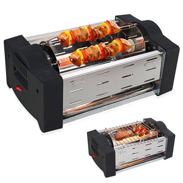 Grill Electrique à Brochettes 1000W - Rotation 360° 2,5 Tours/minute - 6 Pics + 1 Pince Inclus
