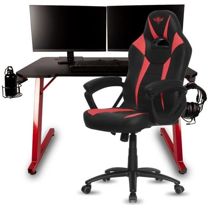 Pack bureau de gamer Drakkar SKADI + Fauteuil Fighter - Noir et rouge - Acier, bois...