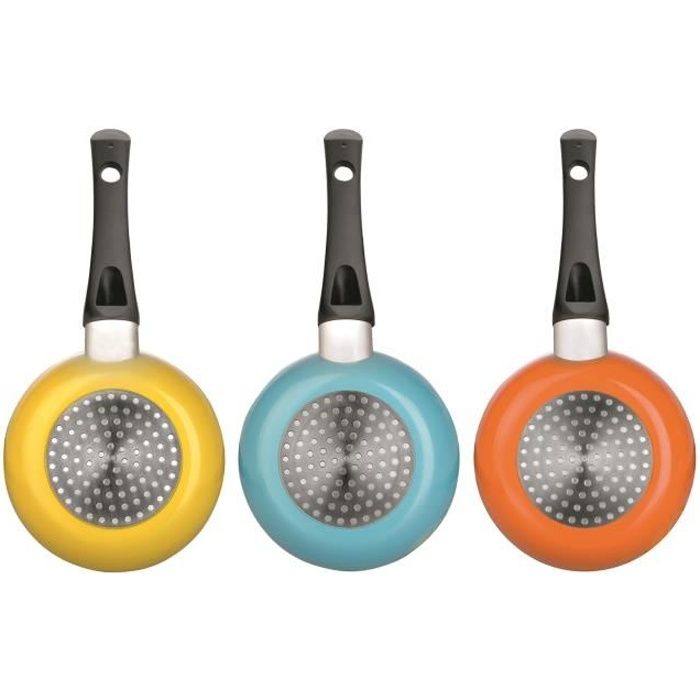 MINI POELE COULEUR EN ALUMINIUM ANTI-ADHERENT. VERT ANIS, BLEUE OU ORANGE. DIAMETRE 14 CM. ALUMINIUM 2.5 MM D'EPAISSEUR, 2 COUCHE...