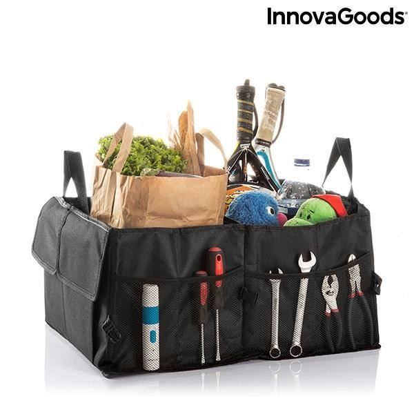 Organisateur De Coffre De Voiture Pliable - Toile Noire Et Filet - 4 Sections Avec Poignées