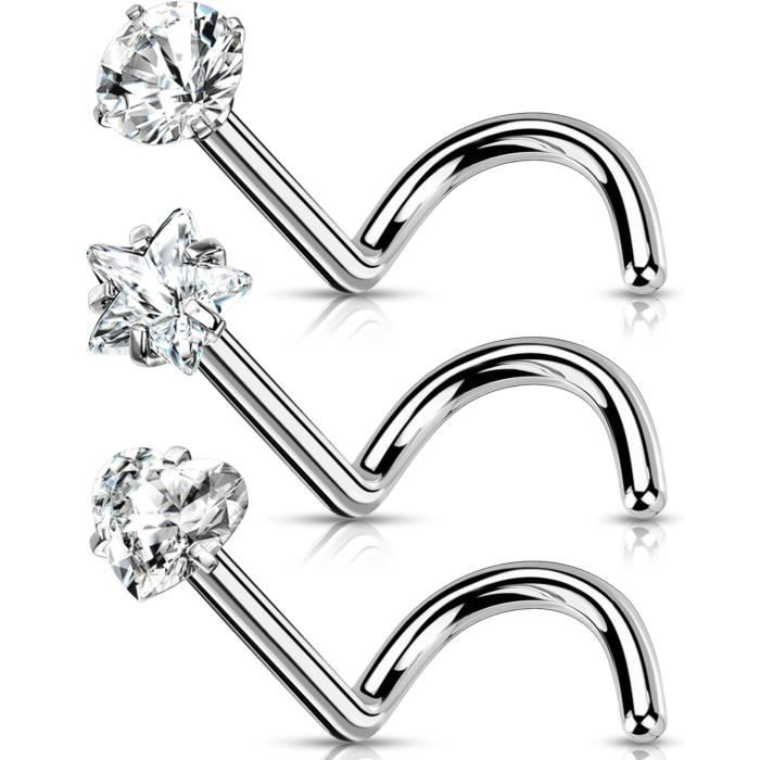 OUFER 3pcs Piercing Nez 20G Titane Solide G23 Etoile Cœur Nez Stud Piercing Nasal Hoop Clear CZ Piercing Bijou Corps Femme Homme