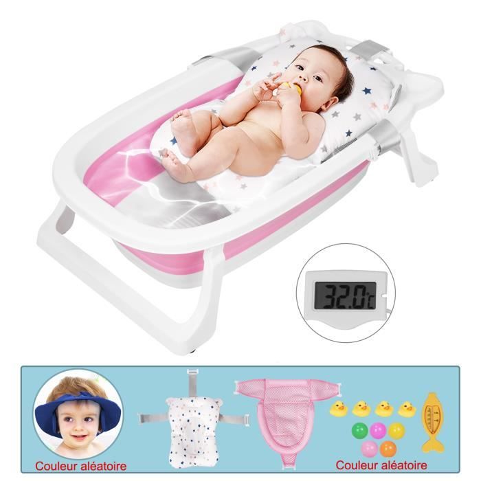 SINBIDE® Baignoire pliable bébé pliante évolutive + Coussin de bain, avec Thermomètre ROSE 73x44x24cm