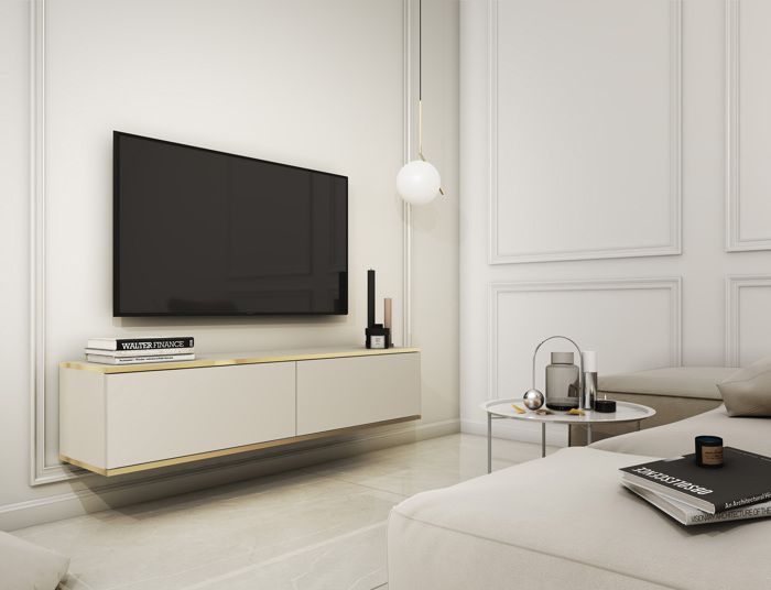 Meuble TV - MUCALMA - 135 cm - beige avec inserts dorés