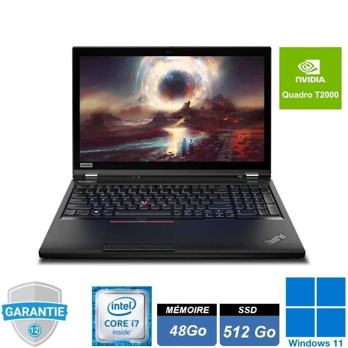 PC portable – Lenovo – ThinkPad – P53 – 156 – i7 9750H – RAM 48Go – SSD512Go – NVIDIA Quadro T2000 4Go – Windows 11 Pro + Sac