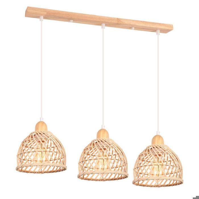 iDEGU 3 Lampes Suspension Luminaire Industrielle Lustre Plafonnier en Bambou et Bois Design Cage Spirale Rétro pour Salon Chambre