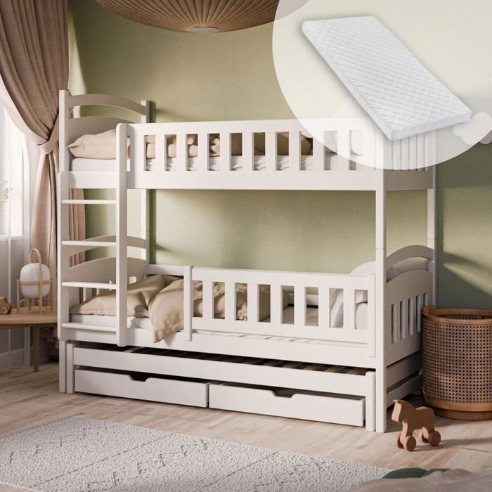 Lit superposé convertible enfant - Avec lit gigogne - 2 tiroirs - Sommier + matelas inclus - 2 lits 90x200 et 1 lit 90x190 - Blanc