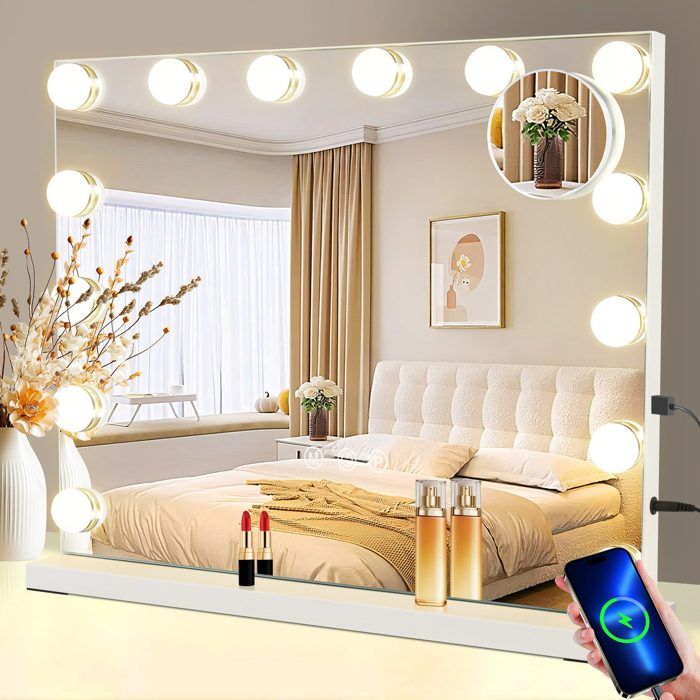 YU YUSING Miroir Maquillage Hollywood LED 15 Lumières - 58x45 Cm Dimmable 3 Couleurs - Affichage Heure/Température - Loupe 10x - USB - Tactile Mural Ou Table