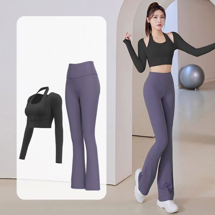 Vêtement de Sport Femme 2 Pièces Ensemble de Yoga T-shirt Halter et Legging Tenue de Sport Pour Gym Fitness - Noir Violet