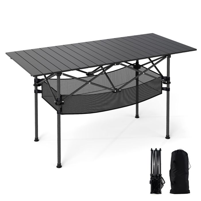 Table de Jardin Extérieur Pliante COSTWAY Plateau Roulable en Aluminium Panier Sac de Transport pour Camping Plage Pêche Noir