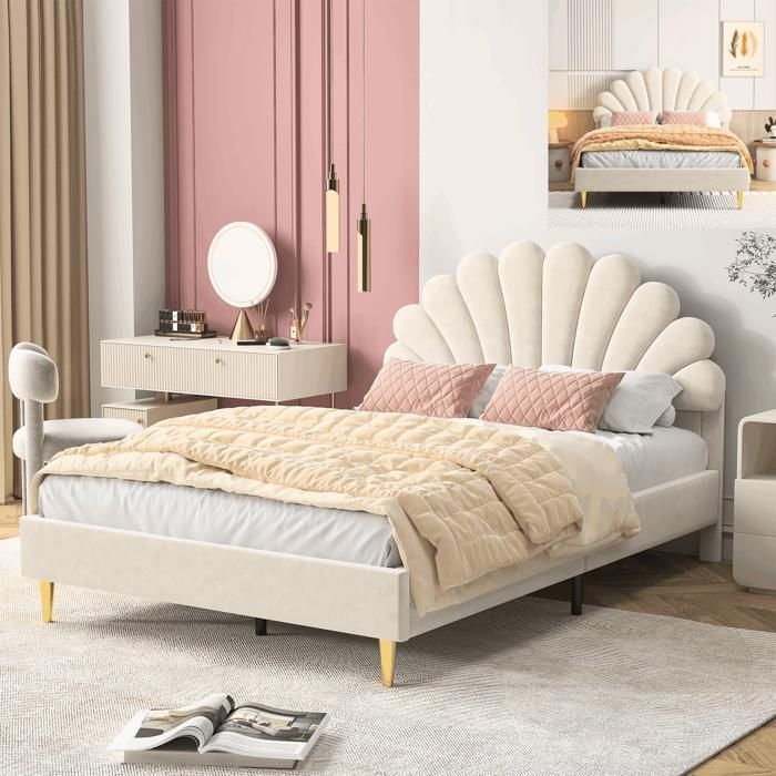 Lit double 140x190 cm - SUNFECILI - Beige - MDF et velours - 250 kg - Montage facile