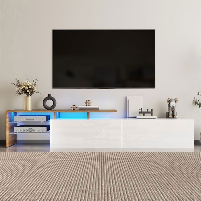 Meuble TV - TANANT - Eclairage LED - 2 Tiroirs - 2 Etagères en Verre - Blanc et Bois