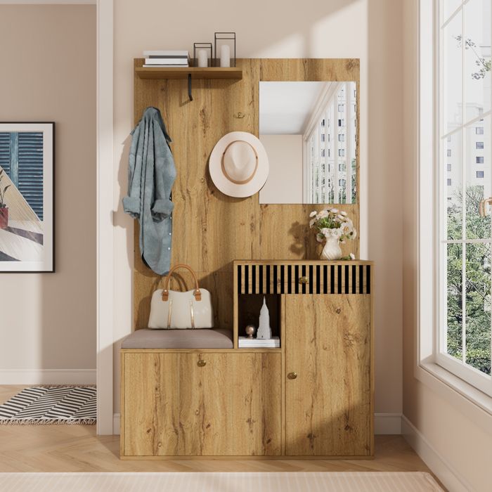 Ensemble vestiaire dentrée 110x37x185 5 cm - Avec miroir et crochets - Meuble à chaussures et banc à chaussures - Naturel