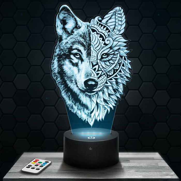 Lampe 3d _ Loup Double Face - Jouet Figurine Cadeau Loup Double Face - Veilleuse Led Tactile avec socle au choix TOP