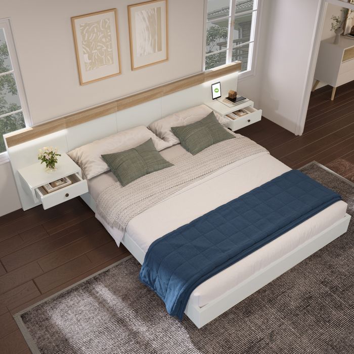 Lit double Ensemble lit avec 2 commodes de nuit LED& prise USB C 160 x 200 cm Lit en bois avec 2 tables de nuit Chambre à coucher co