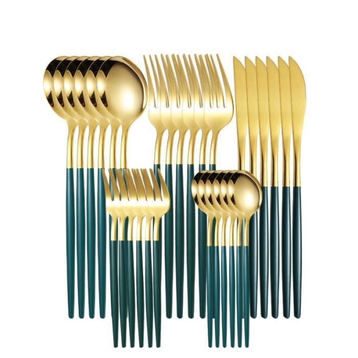 Set de Couverts - Acier Inoxydable 410 - 30 Pièces - Vert et Or - Pour 6 Personnes
