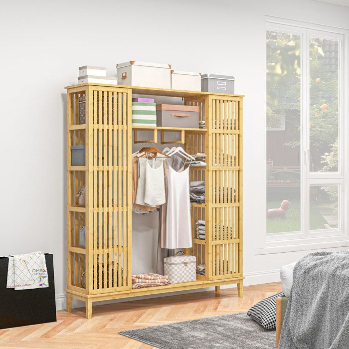 Armoire en bambou avec 2 portes coulissantes étagères et tringle grande armoire pour la chambre 145 x 35 x 165cm