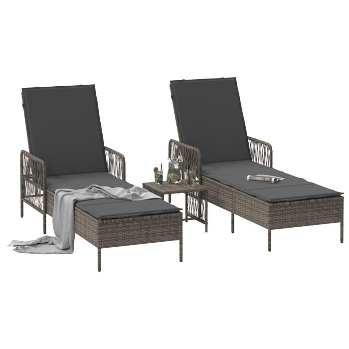 Desginer Ensemble de chaises longues 3 pièces - Pour jardin/balcon - Gris et gris foncé CC1574