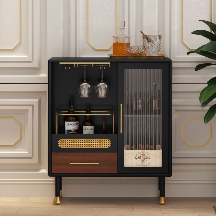Meuble bar - HOLTICO - Buffet bar style français moderne avec porte-verres casier à bouteilles coulissant - 94 x 80 x 38 cm - Noir