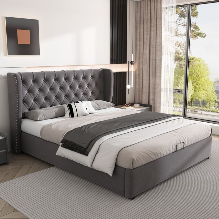 Lit coffre rembourré style Chesterfield haute tête capitonnée FloraGrace 140x200 cm velours gris