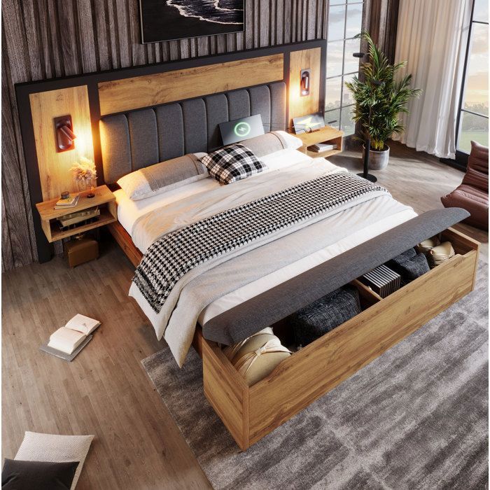 Lit Adulte 180x200 cm - HOMVRA - Lit Double - Éclairage et USB - Tables de Chevet - Couleur Chêne - Sans Matelas