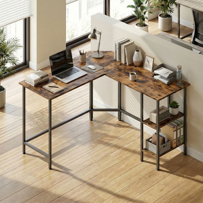 Bureau d’Angle avec Étagères Bureau d’Ordinateur en L 130 x 130 cm Montage Facile Marron et Noir