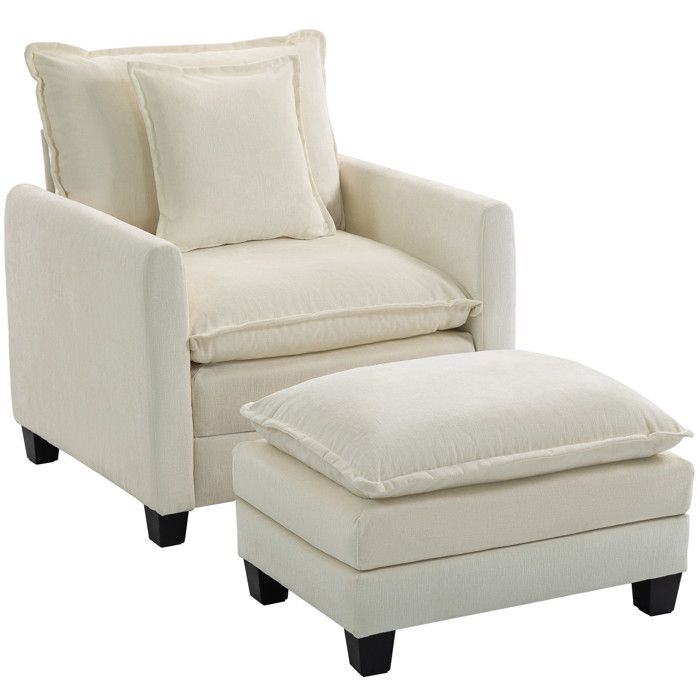 Fauteuil salon avec repose-pied - HOMCOM - assise large rembourrage double couche - tissu chenille - 85x128x86cm - crème