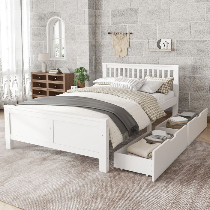Lit double blanc 140 × 200 avec 2 tiroirs structure en bois sans matelas