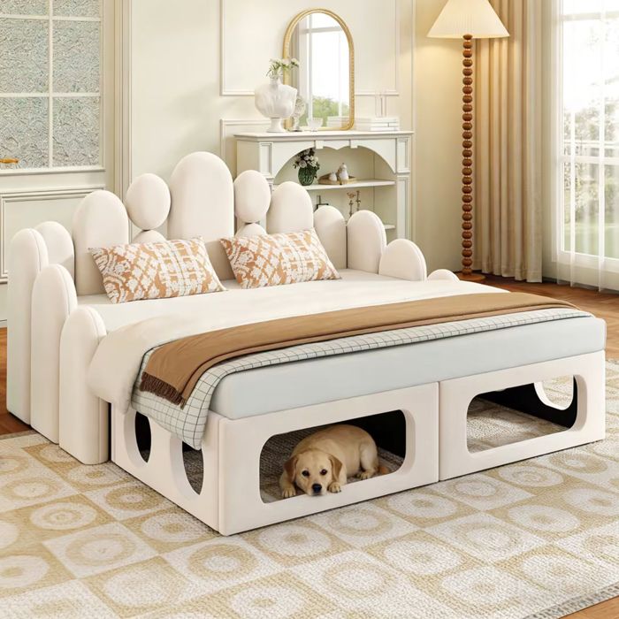 Lit adulte double 180×200 cm avec niche pour animaux et tête de lit sans matelas velours beige - UVRION