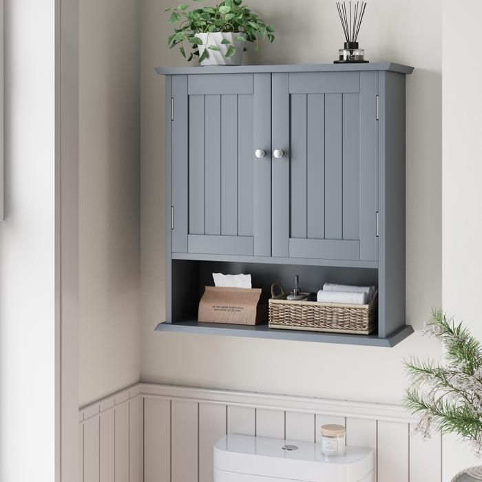 Armoire à Pharmacie Murale 2 Portes avec Étagère Ouverte et Étagères Réglables - UVRION en MDF Gris Clair 546 × 198 × 60 cm