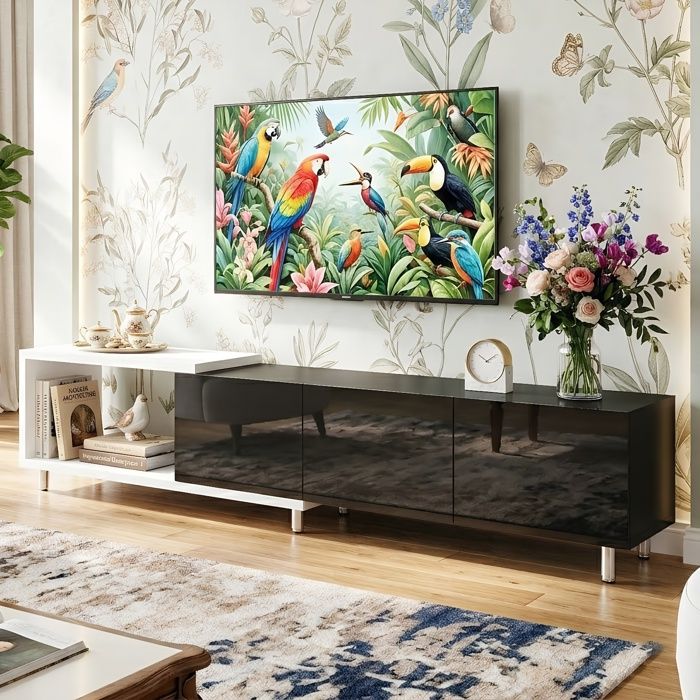 Meuble TV 258cm - Structure Extensible - 3 Portes Haute Brillance - Charnières Silencieuses - En Bois PB MDF - Noir et Blanc Chic