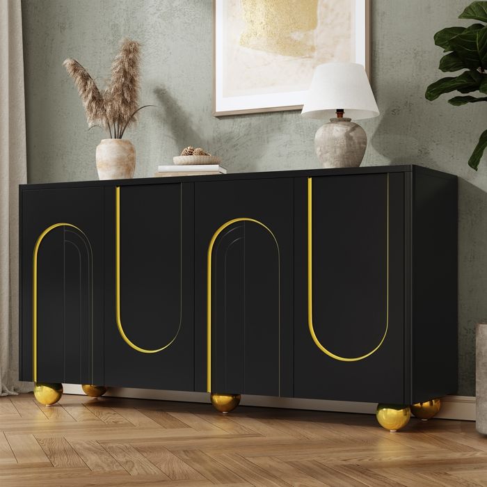 Buffet Salon Meuble de Rangement avec 4 Portes Décor de Ligne Dorée en Arc Pieds Sphériques en Métal Design Moderne Noir