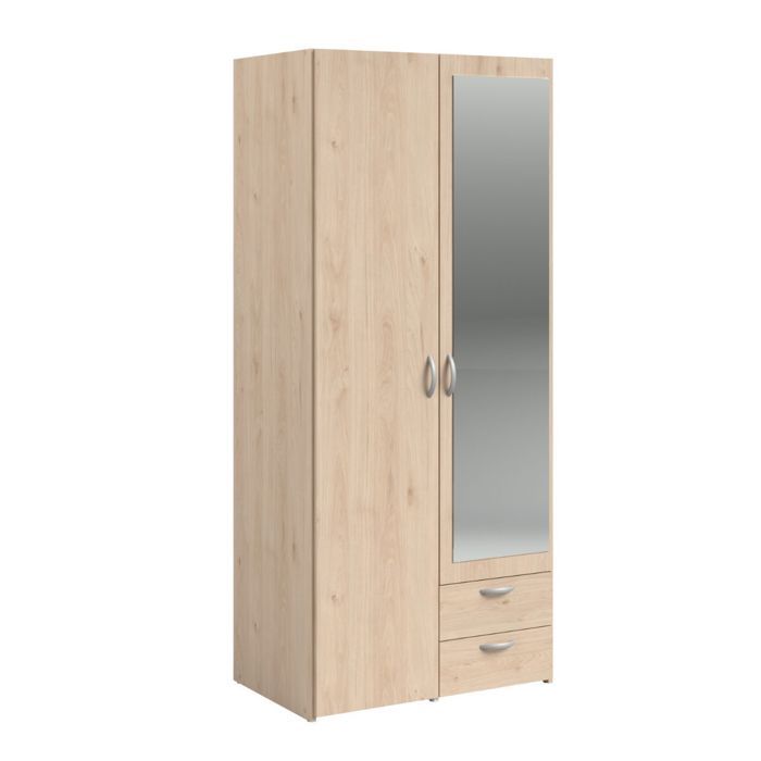 Armoire 2 portes 2 tiroirs aspect bois avec miroir - AMAEL Armoire 2 portes 2 tiroirs aspect bois avec miroir - AMAEL